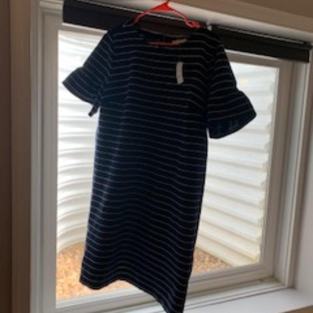 LOFT Striped Ruffle Bell Cuff Shift Mini Dress